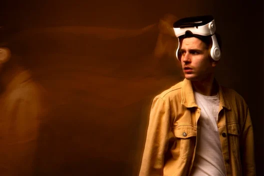 A man wearing a futuristic VR headset looking thoughtful, symbolizing the uncertainty and human reflection surrounding the AI bubble and technology trends in 2025.